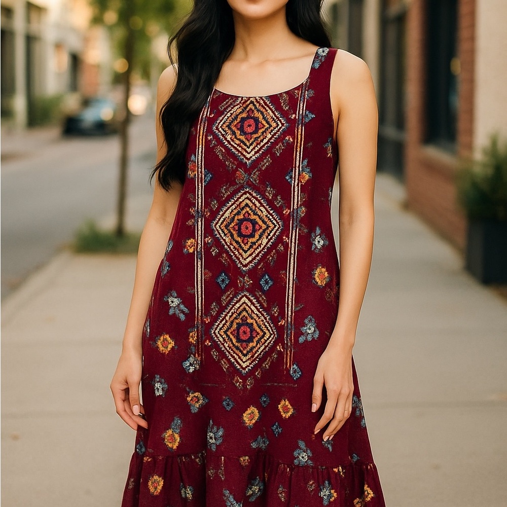 Free People Romantic Trapeze Geometric Floral Boho Baby Doll Midi Dress Sz S
